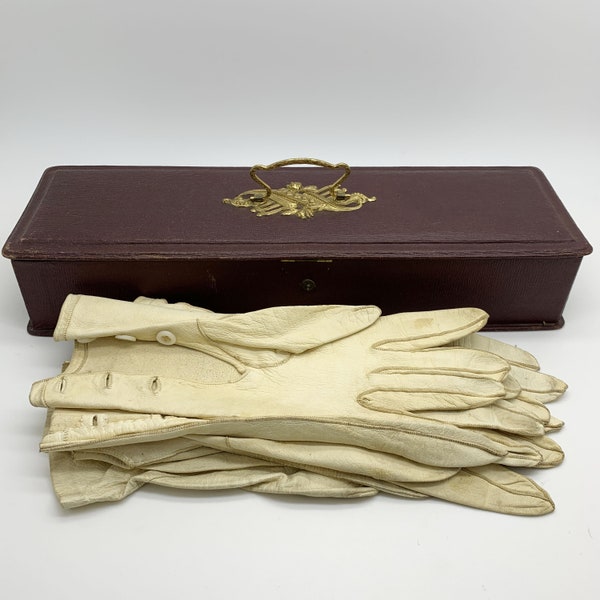 Boîte à Gants Vintage comprenant 3 paires de gants en Cuir de Chamois ou Cuir de Chèvre,