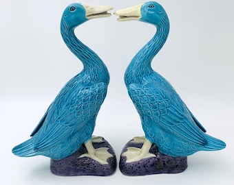 2 Large Blue-Turquoise Duck Figurines standing on a Purple Base, Export Porcelain China in the 1950's, Decorative Home Decoration,