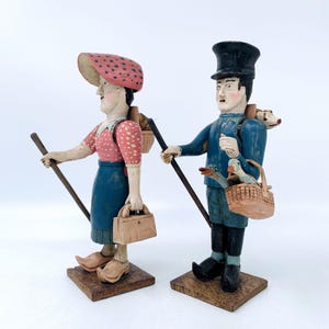 Wonderful Antique Pair of Handcrafted Wooden Pincushion Figurines, in Colorful Costumes with Wooden Clogs and a Walking stick, Pincushions,