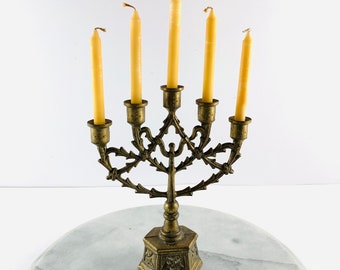 Small Brass Candle Holder with 5 Branches, 5 Branched Candelabra, Small Ornate Candle Holder, 5 matching Candles are included,