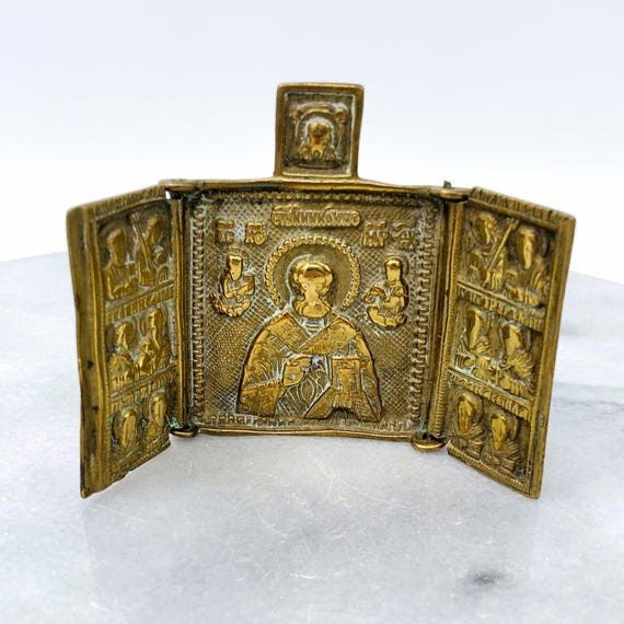 専用 M170-1 希少 アンティーク19世紀 金彩銅板枠 ロシア イコン　CC Antique Russian Orthodox Bronze Alloy Triptych Icon: Travel