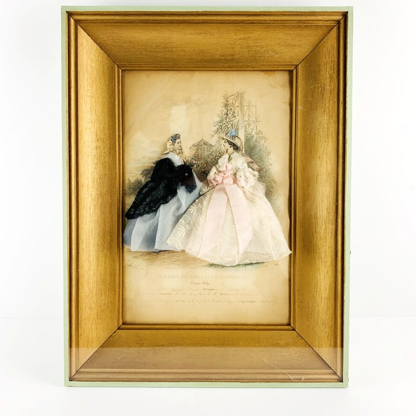 Beautifully framed fashion print "le Journal des Dames et des Demoiselles", Fashion Diorama with real fabrics from France.