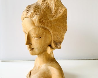 手彫りの木製バリ女性胸像、インドネシア・バリ島産木彫り置物、バリ