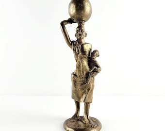 Bronze Sculpture of an African Mother and her Child, Decorative Vintage African Bronze Art, Safary Home Decoration, 1960's or earlier,