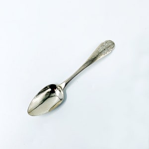 May include: A silver spoon with an oval bowl and a long handle. The handle features an ornate floral design near the spoon's head. The spoon is set against a white background, highlighting its reflective surface.