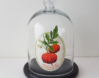 Decorative Glass Dome with a Glass Sphere at the Top, nice image print of Tomatoes on the glass, vintage giftware