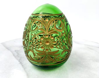 Vintage Russian Cut Glass Egg, Imperial Romanov Double Headed Eagle and EP Monogram, Emerald Green & Gold Gilt, Faberge Style Easter Decor