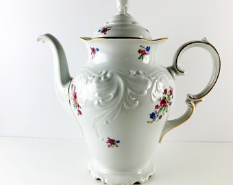 Elegant Coffee and or Teapot by Wawel Poland, decorated with bright colored Summer Flowers and Gold Rimmed, Vintage 70's