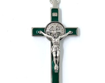 Vintage Cross Featuring the St. Benedict Medal on front and back, Pewter Alloy Cross finished with Green Colored Enamel,