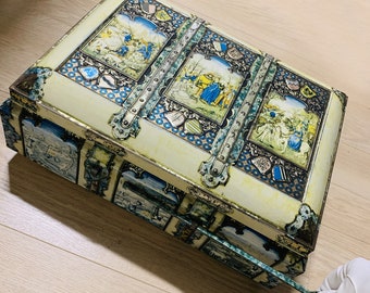 Vintage Giant Tin Box, a "Treasure Chest" Lockable with a Tin Lock Pin, XL collectible tin, Treasure Chest for Valuables, Vintage Giftware,