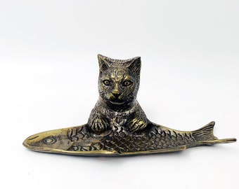 Wonderful Coin Dish, Vide Poche or Trinket Holder in the shape of a Cat holding a large fish, made of Steel and Copper/ Brass alloy,