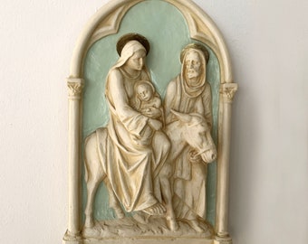 Flight into Egypt Plaque, Holy Mary holding Baby Jesus and Joseph walking next to them,  Large Gypsum Plaque Holy Family