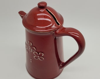 Rare Red Ceramic Piggy Bank, Coffee Pot Penny Bank, by JEMA Ceramic Studio in Maastricht The Netherlands,