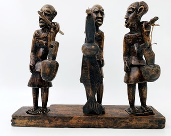 Vintage Hand Carved Wood Sculptures of 3 Fishermen DR Congo Africa, 3 Separate Statues to form one Sculpture, Vintage Gift Ware,