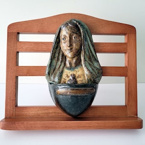 Earthenware Holy Water Font, Vintage Mother Mary Stoup, Catholic home Altar wall decoration,