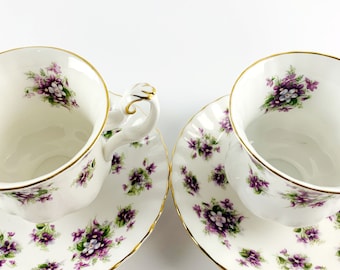 2 Royal Albert Porcelain "Sweet Violets" Ladies Teacup and Saucer, Royal Albert Bone China England, finished with gold edge,