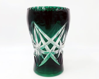 Emerald Green Val St Lambert Vase Belgium, Emerald Green to Deep Cut Clear Crystal Glass Vase by VSL Belgium, Crystal Glass giftware 1950's,