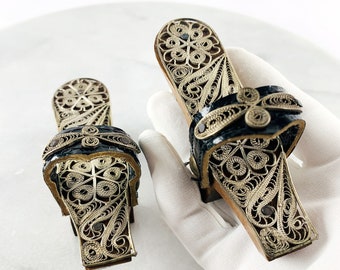 Decorative Japanese Miniature Geisha Clogs, Wood with Filigree 835 Silver Wire.