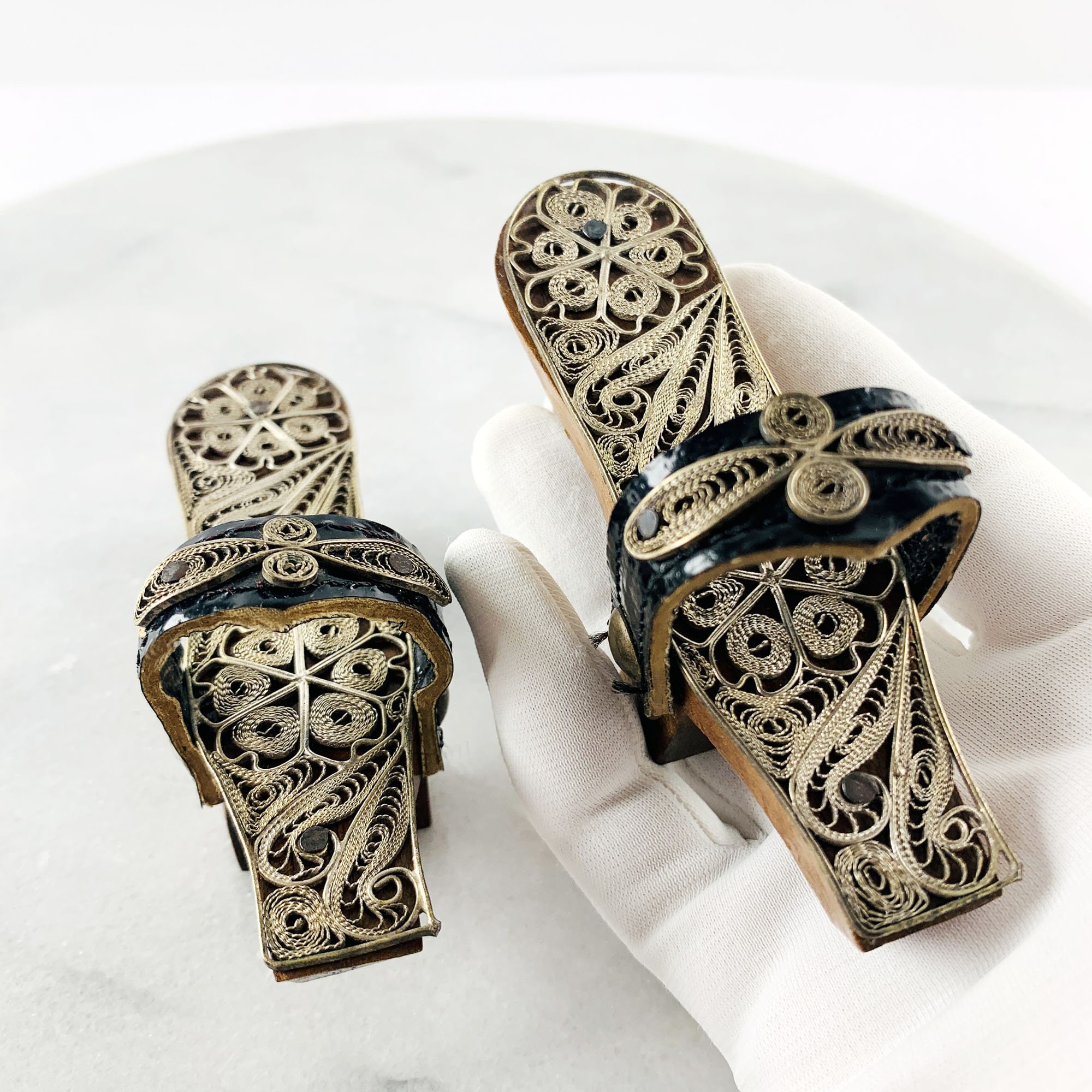 Japanese Miniature Geisha Clogs, Wood With Filigree 835 Silver