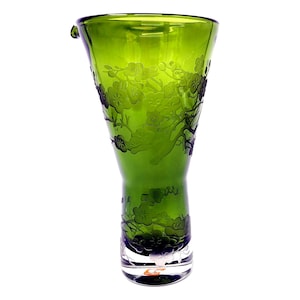 Vintage emerald green Vase / Glass Art with decorations of blossom branches engraved in the glass, marked with Pols Potten, Home Decor,