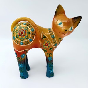 Large Colorful Orange Ceramic Cat, decorated by hand with applied Flower and Leaves motifs, Decorative Orange Cat Figurine, large Kitten