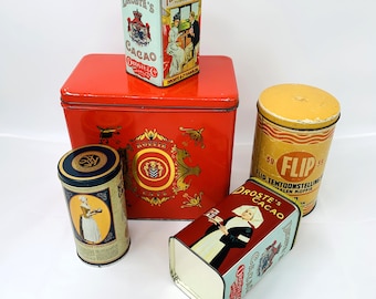 Lot of 5 Rare Vintage Coffee and Cacao Tins, Collectible Vintage Tins, 4 tins from The Netherlands and 1 from Belgium, Vintage Giftware,