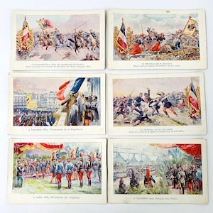 Conjunto de 6 cartões postais militares "Collection du Petit Parisien", o exército francês retratado com suas bandeiras em batalhas ou momentos históricos,