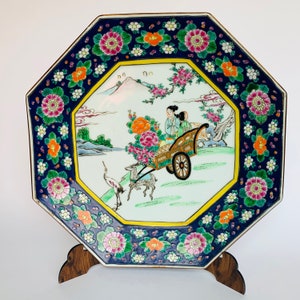 Vintage octagonal Wall Plate, Yamatoku Famille Rose, Fine Japanese Porcelain decorated with Floral Motifs
