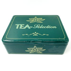 Englische Teedose, mit 6 Fächern für die Teebeutel, in einer schönen grünen Farbe mit dem Text TEA-Selection, Sammler-Teedose,