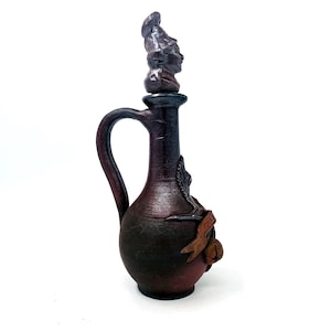 Vintage French Earthenware Calvados Jug with a Carved Male Face Stopper, Apple Brandy Jug made in Lisieux Normandy France, Vintage Barware,