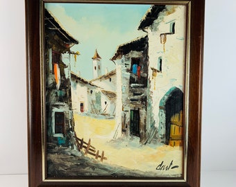 Oil painting on canvas Old Spanish Rural Village View, Bright Colors, Nice Wooden Frame,