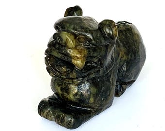 Antique Jade Carving of a Reclining Foo Dog, Temple lion, made in China in 1920's the Qing dynasty, Chinese Art Object