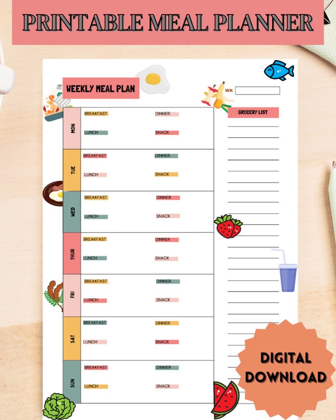 Printable Weekly Meal Planner | Food Prep Log | Diet Planner | A4 ...