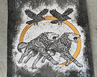 Odin's companions (Geri&Freki with Huginn and Muninn) original illustration