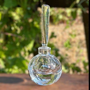 Puede incluir: Una botella de vidrio transparente con un cuerpo redondo y texturado y un cuello largo y delgado. La botella está vacía y tiene un tapón transparente.