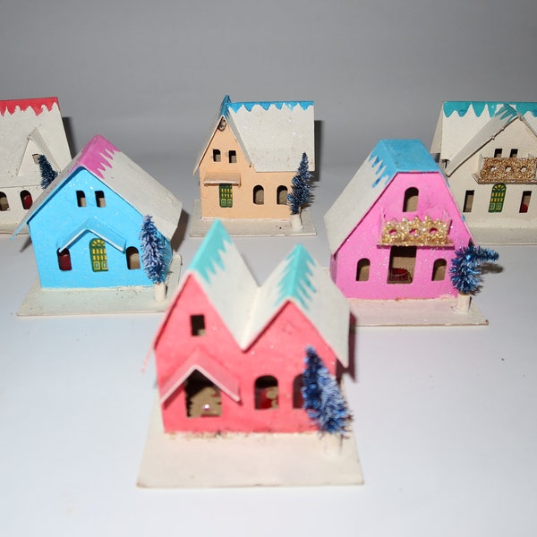 Vintage Christmas Cardboard Village Houses - Set of 6