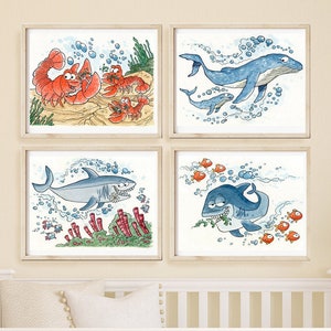 Marine animals, watercolor prints, children's illustrations, four print sets, posters, room furniture, shrimp sharks and whales