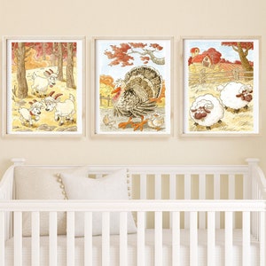 Establecer tres grabados con animales de granja, ilustraciones, dormitorios de muebles, acuarelas, pinturas de la habitación de los niños, arte de la pared de la guardería, cartel