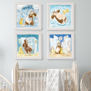 Conjunto de cuatro pinturas para la habitación de los niños con osos lindos, cartel para la habitación con osos y colores azul y azul, cuatro impresiones con osos