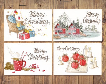 Biglietti natalizi ad acquerello, cartoline di natale con disegni ad acquerello fatti a mano, illustrazioni stampate natalizie