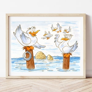 Impresión de gaviota, ilustración de animales marinos, muebles de dormitorio, mundo animal, imagen de los niños, vivero, acuarela, póster