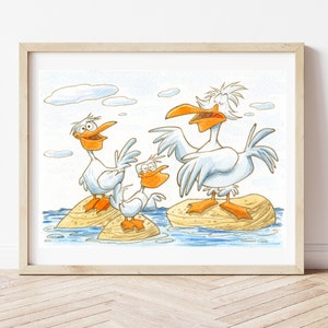 Impresión de cormorán, ilustración de animales marinos, vivero, dormitorios de decoración, imagen de los niños, acuarela, póster