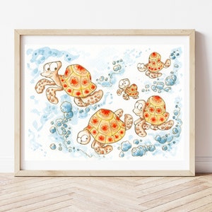 Impresión de tortugas, ilustración de animales marinos, dormitorios de muebles, mundo animal, imagen para niños, cartel, vivero, acuarela