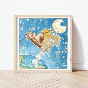 Impresión para la habitación de los niños con osos lindos en un cohete, cartel para la habitación con osos, muebles para jardines de infancia con colores alegres