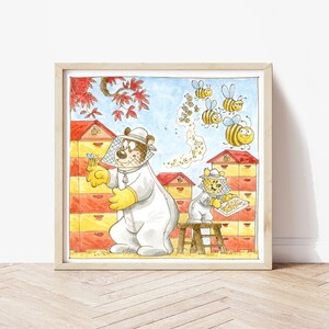 Impresión de la habitación de los niños con lindos osos apicultores, cartel de la habitación con osos y abejas, muebles de jardín de infantes con colores alegres