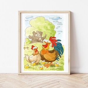 Ilustración animales de granja, pollos y polluelos, impresión, granja, muebles de la habitación, imagen de los niños, arte de la pared de la guardería, acuarela