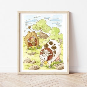 Ilustración de animales de granja, vacas prensa, mundo animal, muebles de dormitorio, granja, pintura infantil, arte de pared de vivero, acuarela