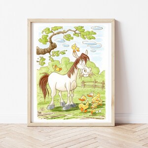 Ilustración animales de granja, caballo y patos, impresión, mundo animal, dormitorios de muebles, imagen de los niños, arte de la pared de la guardería, acuarela