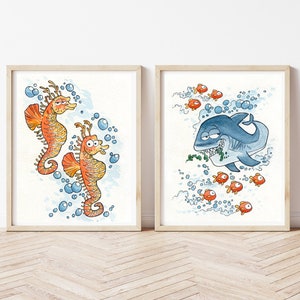 Set zwei Drucke mit Seepferdchen und Hai, Illustrationen mit Meerestieren, Aquarell Drucke für Marine-Themen Schlafzimmermöbel