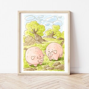 Ilustración animales de granja, lechones, animal print, mundo animal, muebles de dormitorio, imagen de los niños, arte de la pared del vivero, acuarela